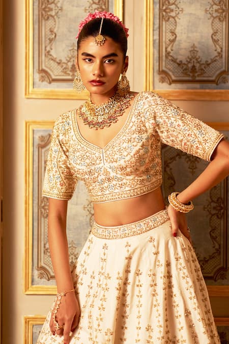 Shop Angad Singh Ivory Silk, Crepe Embroidery, Sequins Asymmetric Lehenga Set With Dupattas Shop_Angad Singh_Ivory Silk, Crepe Embroidery, Sequins Asymmetric Lehenga Set With Dupattas