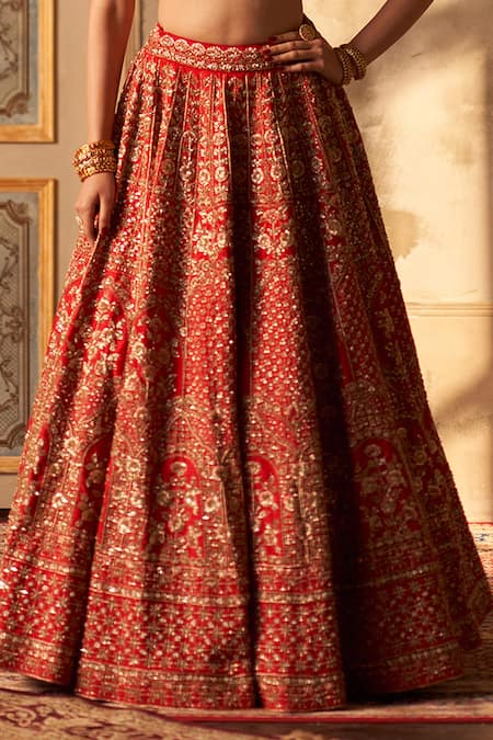Buy Angad Singh Red Silk, Crepe Embroidery, Sequins, Zari Flower Stripe Lehenga Set Online at Aza Fashions Buy_Angad Singh_Red Silk, Crepe Embroidery, Sequins, Zari Flower Stripe Lehenga Set _Online_at_Aza_Fashions
