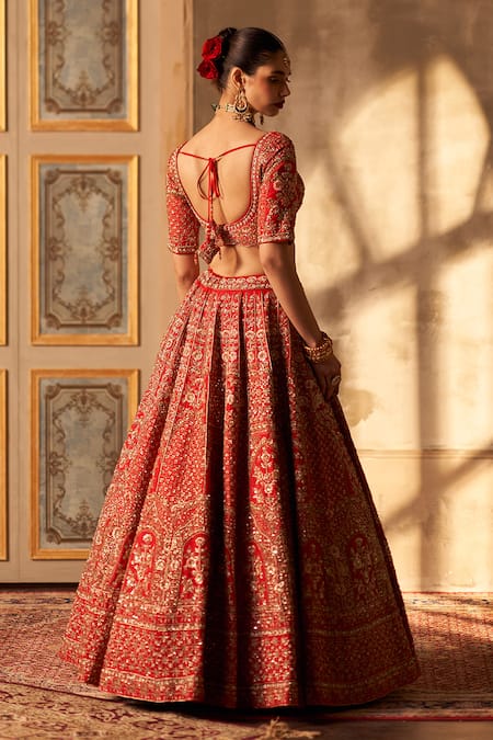 Angad Singh Red Silk, Crepe Embroidery, Sequins, Zari Flower Stripe Lehenga Set Online at Aza Fashions Angad Singh_Red Silk, Crepe Embroidery, Sequins, Zari Flower Stripe Lehenga Set _Online_at_Aza_Fashions