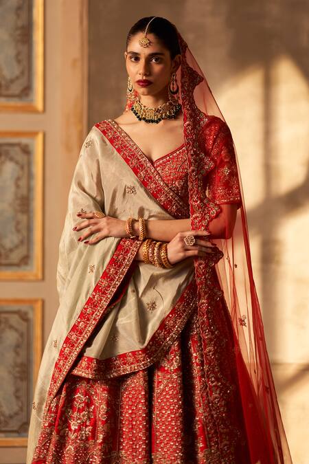Shop Angad Singh Red Silk, Crepe Embroidery, Sequins, Zari Flower Stripe Lehenga Set Online at Aza Fashions Shop_Angad Singh_Red Silk, Crepe Embroidery, Sequins, Zari Flower Stripe Lehenga Set _Online_at_Aza_Fashions