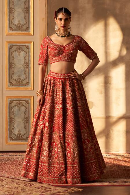 Angad Singh Red Silk, Crepe Embroidery, Sequins, Zari Flower Stripe Lehenga Set at Aza Fashions Angad Singh_Red Silk, Crepe Embroidery, Sequins, Zari Flower Stripe Lehenga Set _at_Aza_Fashions