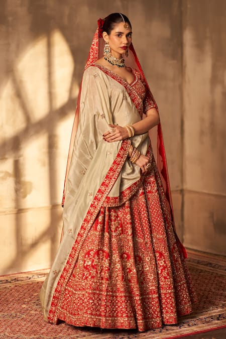 Buy Angad Singh Red Silk, Crepe Embroidery, Sequins, Zari Flower Stripe Lehenga Set Buy_Angad Singh_Red Silk, Crepe Embroidery, Sequins, Zari Flower Stripe Lehenga Set