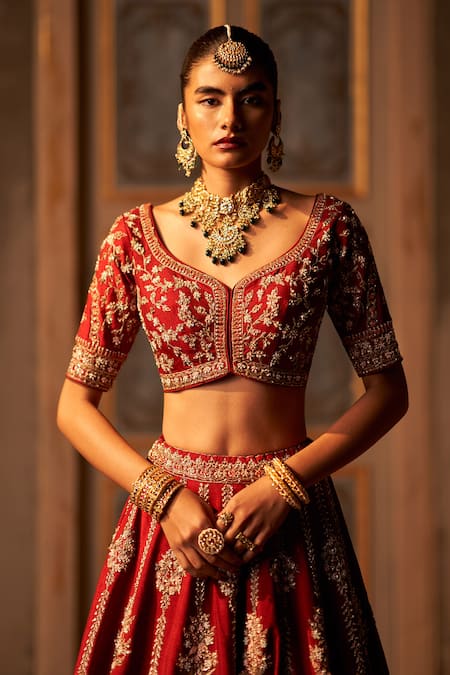 Buy_Angad Singh_Maroon Silk, Crepe Embroidery, Zari, Sequins Bridal Lehenga Set _Online_at_Aza_Fashions