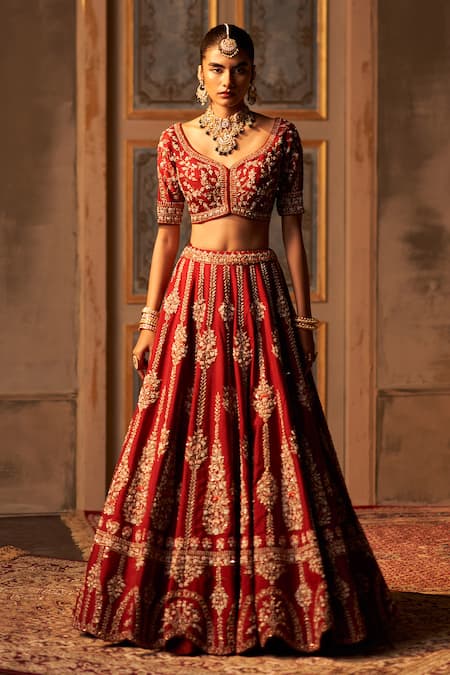 Shop_Angad Singh_Maroon Silk, Crepe Embroidery, Zari, Sequins Bridal Lehenga Set _Online_at_Aza_Fashions