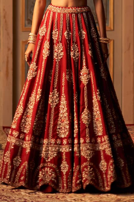 Angad Singh_Maroon Silk, Crepe Embroidery, Zari, Sequins Bridal Lehenga Set _at_Aza_Fashions