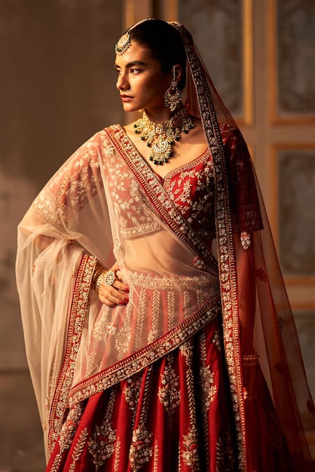 Buy_Angad Singh_Maroon Silk, Crepe Embroidery, Zari, Sequins Bridal Lehenga Set 