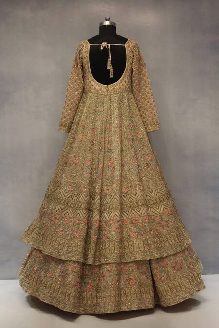 Angad Singh_Peach Organza, Crepe Embroidery, Sequins, Zari Round Neck Anarkali Lehenga Set _Online_at_Aza_Fashions