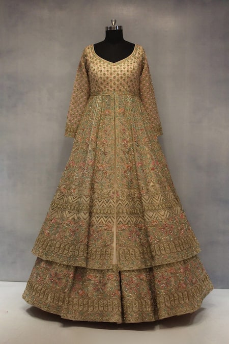 Buy_Angad Singh_Peach Organza, Crepe Embroidery, Sequins, Zari Round Neck Anarkali Lehenga Set _Online_at_Aza_Fashions