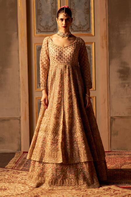 Shop_Angad Singh_Peach Organza, Crepe Embroidery, Sequins, Zari Round Neck Anarkali Lehenga Set _Online_at_Aza_Fashions