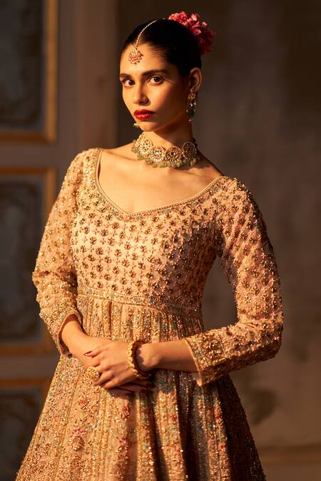Angad Singh_Peach Organza, Crepe Embroidery, Sequins, Zari Round Neck Anarkali Lehenga Set _at_Aza_Fashions