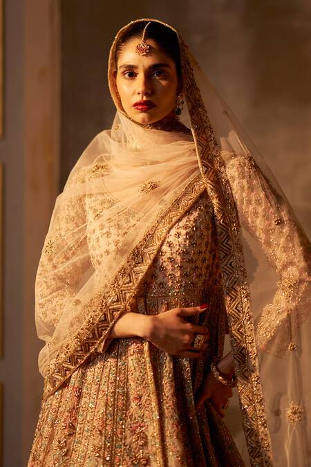 Buy_Angad Singh_Peach Organza, Crepe Embroidery, Sequins, Zari Round Neck Anarkali Lehenga Set 