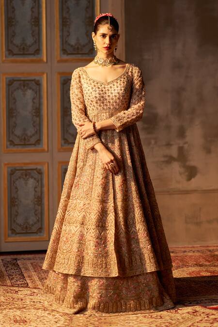 Shop_Angad Singh_Peach Organza, Crepe Embroidery, Sequins, Zari Round Neck Anarkali Lehenga Set 
