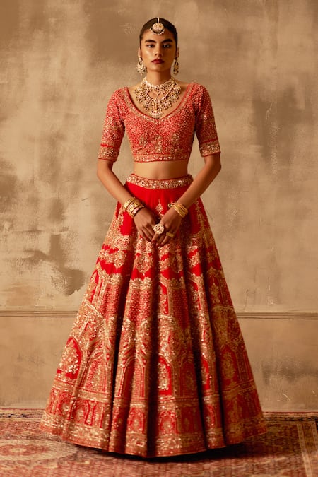 Angad Singh Red Embroidered Silk Bridal Lehenga Set 
