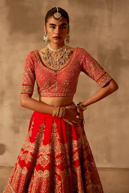 Shop_Angad Singh_Red Silk, Crepe Sequins, Embroidery Bridal Lehenga Set _Online_at_Aza_Fashions