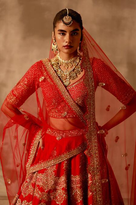 Angad Singh_Red Silk, Crepe Sequins, Embroidery Bridal Lehenga Set _at_Aza_Fashions
