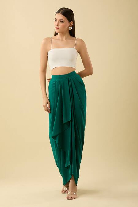Buy Aakaar Green Solid Pleated Asymmetric Draped Skirt Online at Aza Fashions Buy_Aakaar_Green Solid Pleated Asymmetric Draped Skirt_Online_at_Aza_Fashions