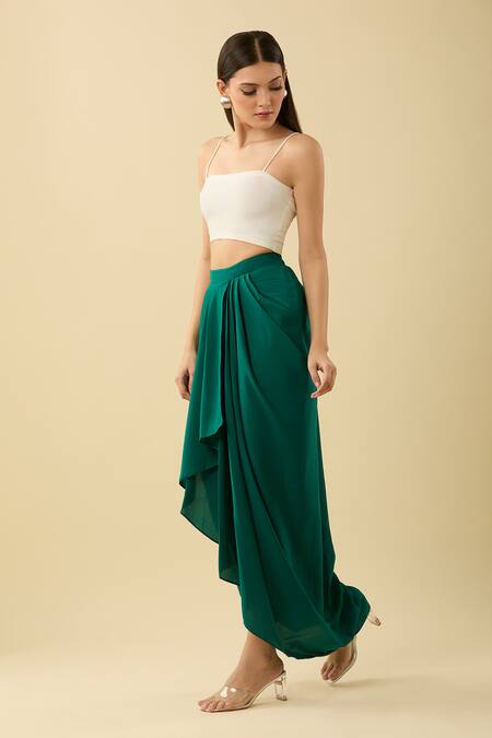 Shop Aakaar Green Solid Pleated Asymmetric Draped Skirt Online at Aza Fashions Shop_Aakaar_Green Solid Pleated Asymmetric Draped Skirt_Online_at_Aza_Fashions