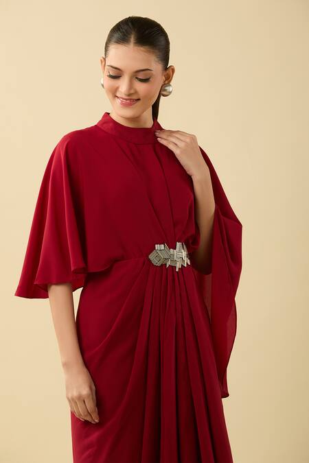 Aakaar Red High Neck Asymmetric Draped Dress With Nalki Embellishment Online at Aza Fashions Aakaar_Red High Neck Asymmetric Draped Dress With Nalki Embellishment_Online_at_Aza_Fashions