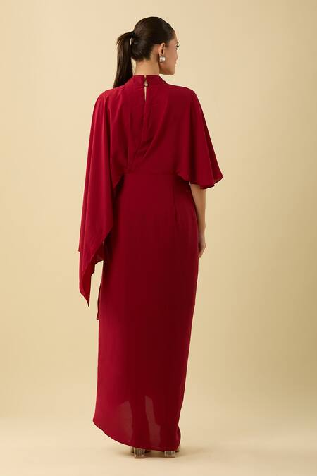 Shop Aakaar Red High Neck Asymmetric Draped Dress With Nalki Embellishment at Aza Fashions Shop_Aakaar_Red High Neck Asymmetric Draped Dress With Nalki Embellishment_at_Aza_Fashions