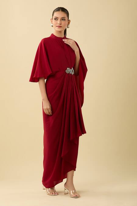 Buy Aakaar Red High Neck Asymmetric Draped Dress With Nalki Embellishment Online at Aza Fashions Buy_Aakaar_Red High Neck Asymmetric Draped Dress With Nalki Embellishment_Online_at_Aza_Fashions