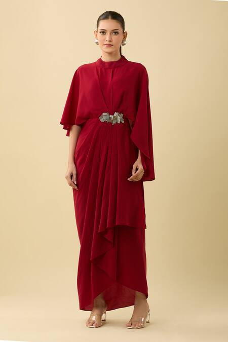 Shop Aakaar Red High Neck Asymmetric Draped Dress With Nalki Embellishment Online at Aza Fashions Shop_Aakaar_Red High Neck Asymmetric Draped Dress With Nalki Embellishment_Online_at_Aza_Fashions