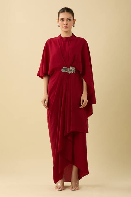 Aakaar Red High Neck Asymmetric Draped Dress With Nalki Embellishment at Aza Fashions Aakaar_Red High Neck Asymmetric Draped Dress With Nalki Embellishment_at_Aza_Fashions
