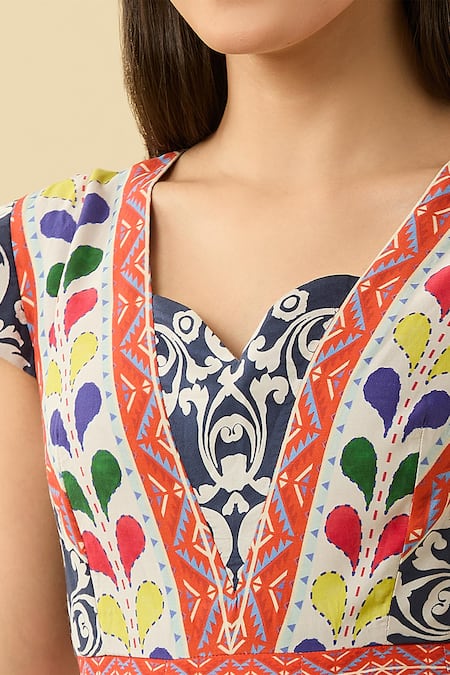 Alpona Designs By Soham Acharya_Multi Color Embroidery V-neck Folk Print Midi Dress _Online_at_Aza_Fashions