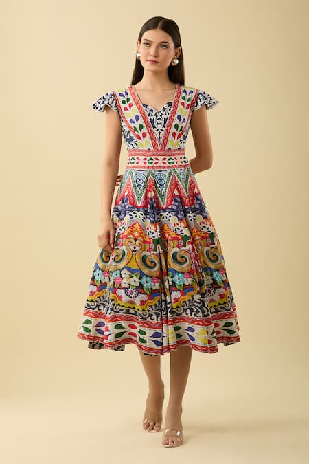 Buy_Alpona Designs By Soham Acharya_Multi Color Embroidery V-neck Folk Print Midi Dress _Online_at_Aza_Fashions