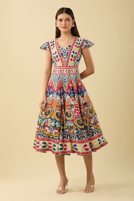 Shop_Alpona Designs By Soham Acharya_Multi Color Embroidery V-neck Folk Print Midi Dress _Online_at_Aza_Fashions