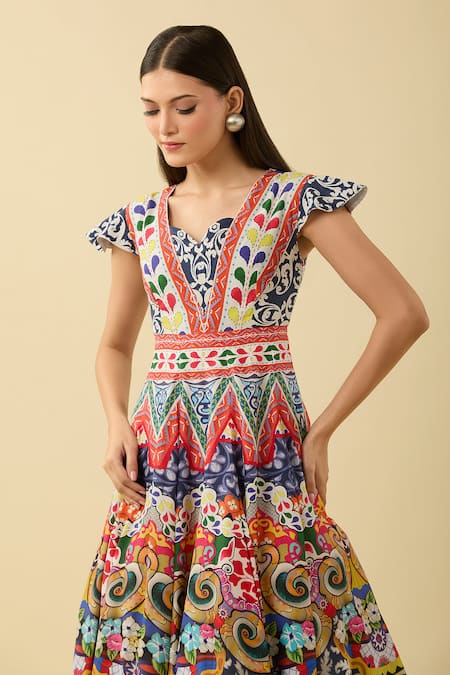 Alpona Designs By Soham Acharya_Multi Color Embroidery V-neck Folk Print Midi Dress _at_Aza_Fashions