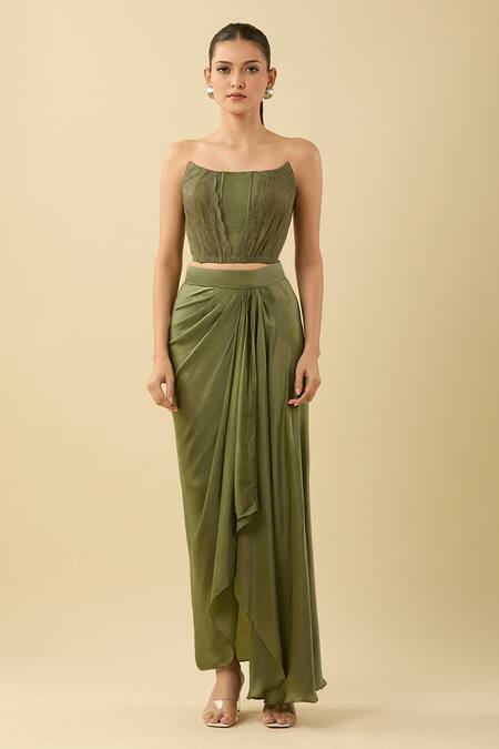 Shop_Amrta By Guneet Kondal_Green Lace Boat Neck Embellished Corset And Draped Skirt_Online_at_Aza_Fashions