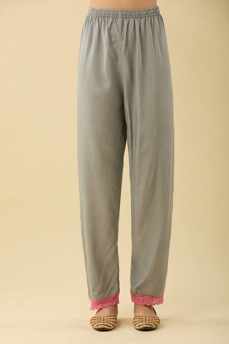 Buy_Bairaas_Gray Cotton, Chiffon Embroidery Sweetheart Bougainvillea Bloom Print Kurta Set_Online_at_Aza_Fashions