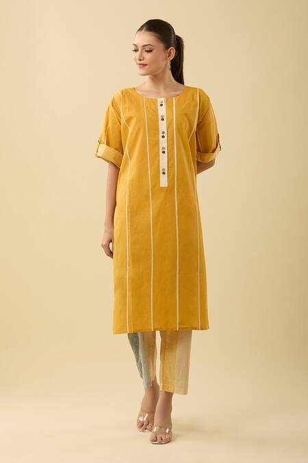 Banana Labs Yellow Cotton Round Neck Pinstriped Kurta Set Online at Aza Fashions Banana Labs_Yellow Cotton Round Neck Pinstriped Kurta Set_Online_at_Aza_Fashions