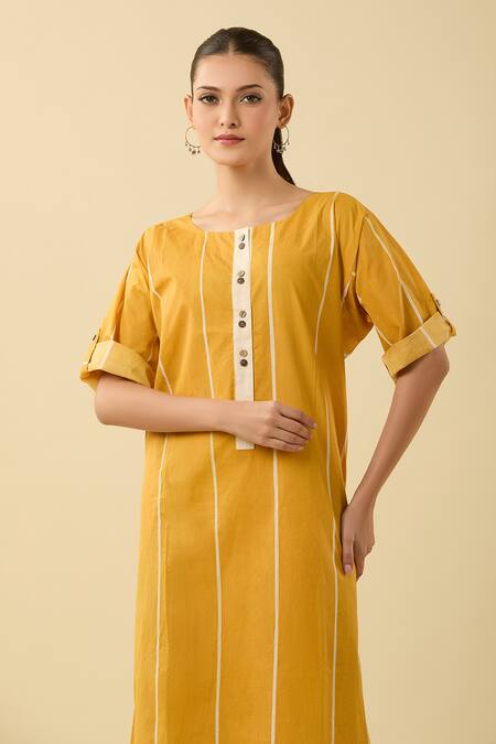 Buy Banana Labs Yellow Cotton Round Neck Pinstriped Kurta Set Online at Aza Fashions Buy_Banana Labs_Yellow Cotton Round Neck Pinstriped Kurta Set_Online_at_Aza_Fashions