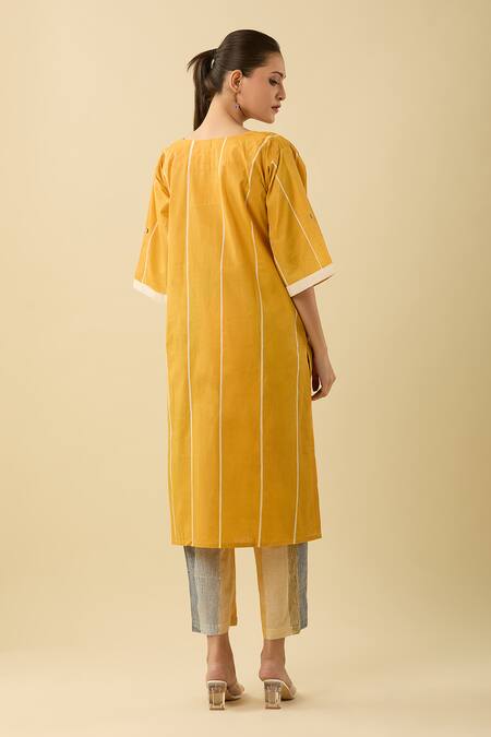 Shop Banana Labs Yellow Cotton Round Neck Pinstriped Kurta Set at Aza Fashions Shop_Banana Labs_Yellow Cotton Round Neck Pinstriped Kurta Set_at_Aza_Fashions