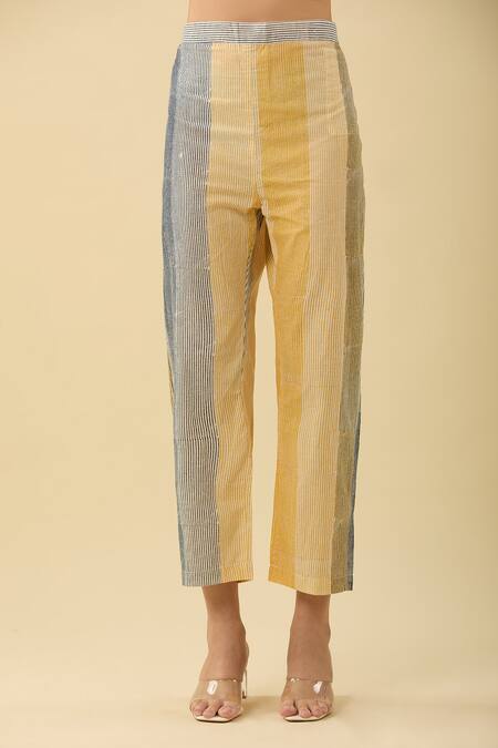 Shop Banana Labs Yellow Cotton Round Neck Pinstriped Kurta Set Online at Aza Fashions Shop_Banana Labs_Yellow Cotton Round Neck Pinstriped Kurta Set_Online_at_Aza_Fashions