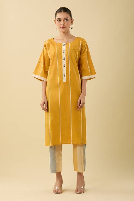 Banana Labs Yellow Cotton Round Neck Pinstriped Kurta Set at Aza Fashions Banana Labs_Yellow Cotton Round Neck Pinstriped Kurta Set_at_Aza_Fashions