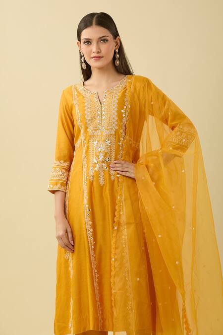 Basanti - Kapde Aur Koffee Yellow Cotton, Chanderi Embroidery, Mirrors Split Abstract A-line Kurta Set Online at Aza Fashions Basanti - Kapde Aur Koffee_Yellow Cotton, Chanderi Embroidery, Mirrors Split Abstract A-line Kurta Set_Online_at_Aza_Fashions