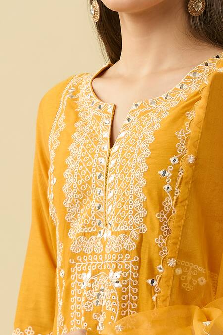 Shop Basanti - Kapde Aur Koffee Yellow Cotton, Chanderi Embroidery, Mirrors Split Abstract A-line Kurta Set Online at Aza Fashions Shop_Basanti - Kapde Aur Koffee_Yellow Cotton, Chanderi Embroidery, Mirrors Split Abstract A-line Kurta Set_Online_at_Aza_Fashions