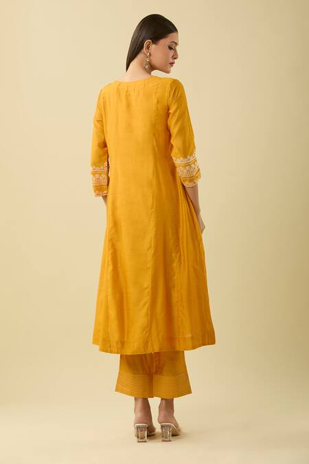 Shop Basanti - Kapde Aur Koffee Yellow Cotton, Chanderi Embroidery, Mirrors Split Abstract A-line Kurta Set at Aza Fashions Shop_Basanti - Kapde Aur Koffee_Yellow Cotton, Chanderi Embroidery, Mirrors Split Abstract A-line Kurta Set_at_Aza_Fashions