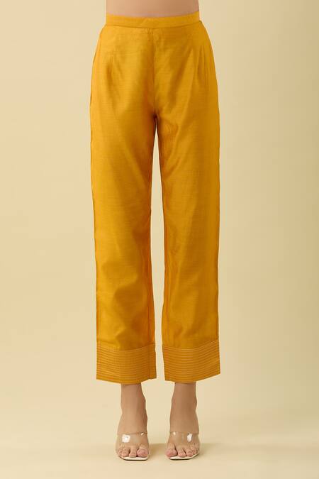 Basanti - Kapde Aur Koffee Yellow Cotton, Chanderi Embroidery, Mirrors Split Abstract A-line Kurta Set at Aza Fashions Basanti - Kapde Aur Koffee_Yellow Cotton, Chanderi Embroidery, Mirrors Split Abstract A-line Kurta Set_at_Aza_Fashions