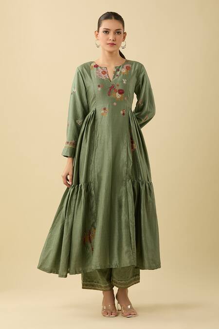Buy Basanti - Kapde Aur Koffee Green Cotton Embroidery, Sequins Collared Floral Anarkali And Pant Set Online at Aza Fashions Buy_Basanti - Kapde Aur Koffee_Green Cotton Embroidery, Sequins Collared Floral Anarkali And Pant Set_Online_at_Aza_Fashions