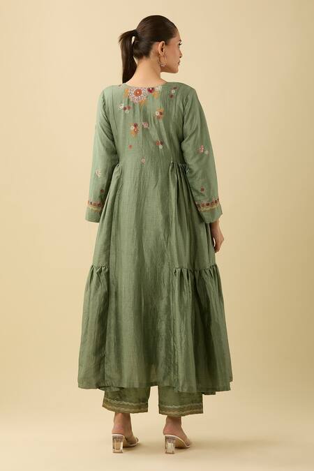 Shop Basanti - Kapde Aur Koffee Green Cotton Embroidery, Sequins Collared Floral Anarkali And Pant Set at Aza Fashions Shop_Basanti - Kapde Aur Koffee_Green Cotton Embroidery, Sequins Collared Floral Anarkali And Pant Set_at_Aza_Fashions