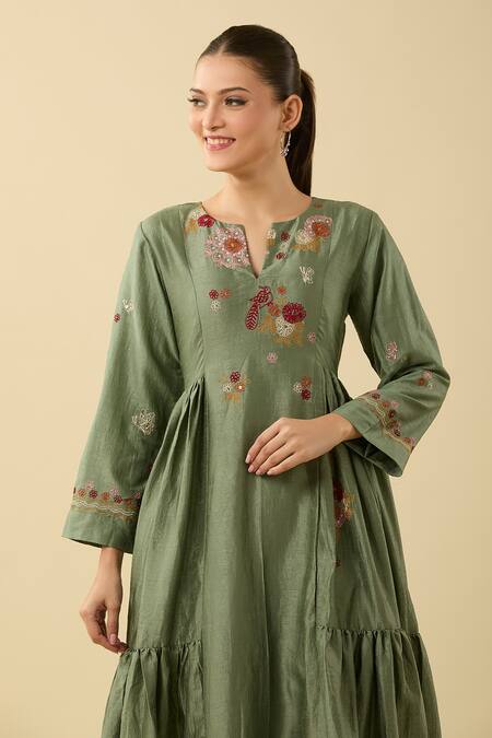 Buy Basanti - Kapde Aur Koffee Green Cotton Embroidery, Sequins Collared Floral Anarkali And Pant Set Buy_Basanti - Kapde Aur Koffee_Green Cotton Embroidery, Sequins Collared Floral Anarkali And Pant Set