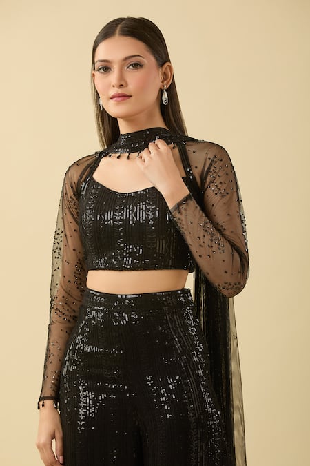 Basanti - Kapde Aur Koffee_Black Georgette Sequins, Tassels Round Neck Geometric Embroidered Sharara Set _Online_at_Aza_Fashions