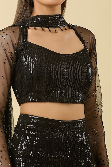 Buy_Basanti - Kapde Aur Koffee_Black Georgette Sequins, Tassels Round Neck Geometric Embroidered Sharara Set _Online_at_Aza_Fashions