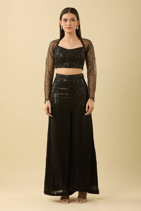 Shop_Basanti - Kapde Aur Koffee_Black Georgette Sequins, Tassels Round Neck Geometric Embroidered Sharara Set _Online_at_Aza_Fashions