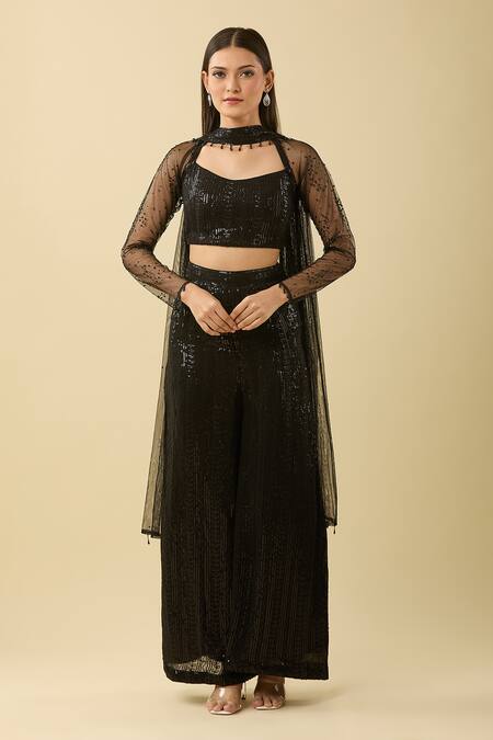 Basanti - Kapde Aur Koffee_Black Georgette Sequins, Tassels Round Neck Geometric Embroidered Sharara Set _at_Aza_Fashions