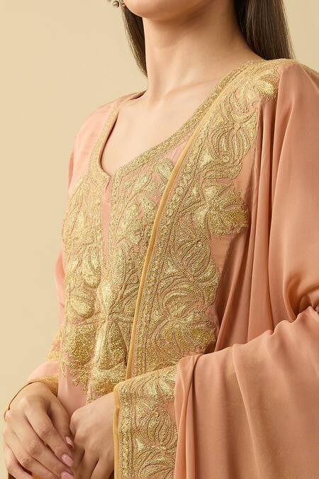 Buy Daljit Sudan Peach Cotton, Chiffon Embroidery Split V-neck Kashmiri Phiran Set Online at Aza Fashions Buy_Daljit Sudan_Peach Cotton, Chiffon Embroidery Split V-neck Kashmiri Phiran Set_Online_at_Aza_Fashions