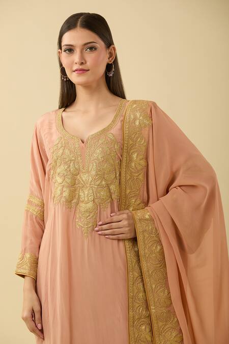 Shop Daljit Sudan Peach Cotton, Chiffon Embroidery Split V-neck Kashmiri Phiran Set Online at Aza Fashions Shop_Daljit Sudan_Peach Cotton, Chiffon Embroidery Split V-neck Kashmiri Phiran Set_Online_at_Aza_Fashions